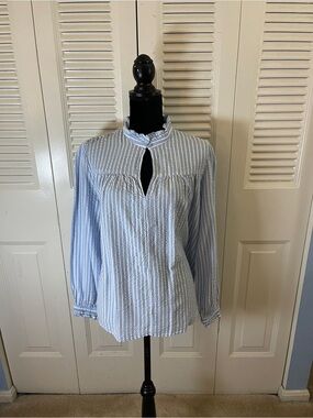 Blue Striped Ruffle-Neck Long-Sleeve Women's Top
